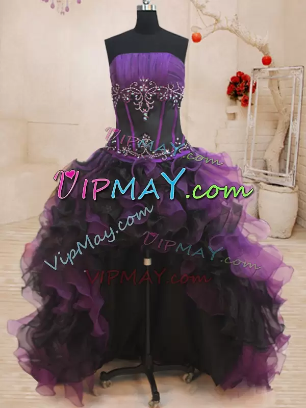 Sweet Floor Length Black and Purple Quinceanera Dress Organza Sleeveless Beading and Ruffles