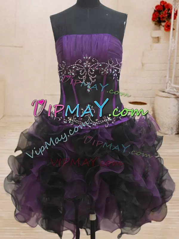 Sweet Floor Length Black and Purple Quinceanera Dress Organza Sleeveless Beading and Ruffles