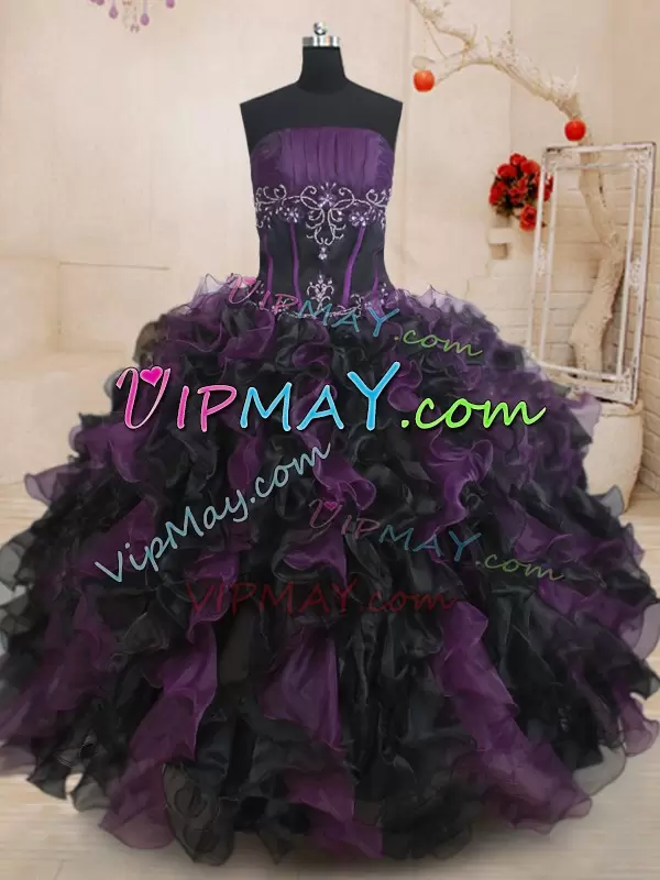 Sweet Floor Length Black and Purple Quinceanera Dress Organza Sleeveless Beading and Ruffles