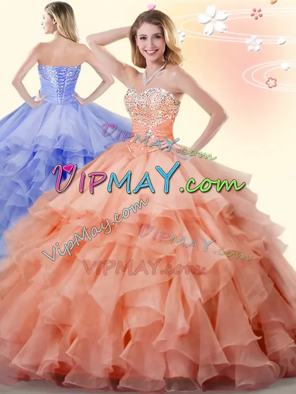 Trendy Floor Length Lace Up 15th Birthday Dress Orange for Military Ball and Sweet 16 and Quinceanera with Beading and Ruffles