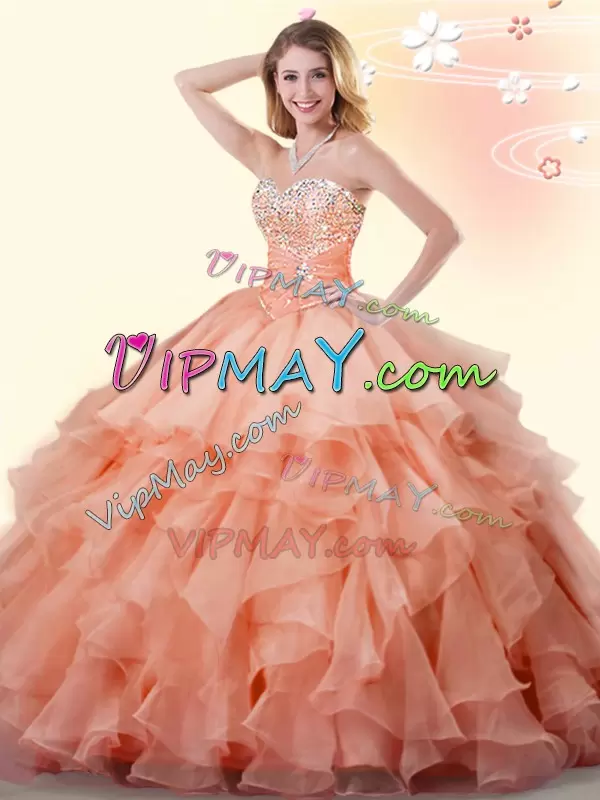 Trendy Floor Length Lace Up 15th Birthday Dress Orange for Military Ball and Sweet 16 and Quinceanera with Beading and Ruffles