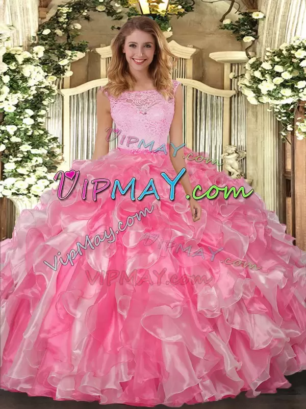 Artistic Lace and Ruffles Vestidos de Quinceanera Hot Pink Clasp Handle Sleeveless Floor Length