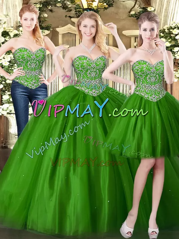 Unique Dark Green Sleeveless Beading Floor Length Quinceanera Dresses