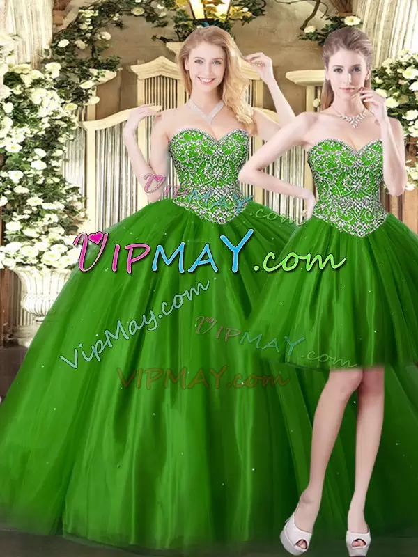 Unique Dark Green Sleeveless Beading Floor Length Quinceanera Dresses