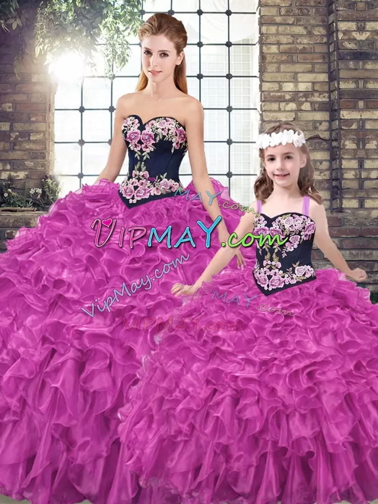 Fuchsia Ball Gowns Sweetheart Sleeveless Organza Lace Up Embroidery and Ruffles Ball Gown Prom Dress