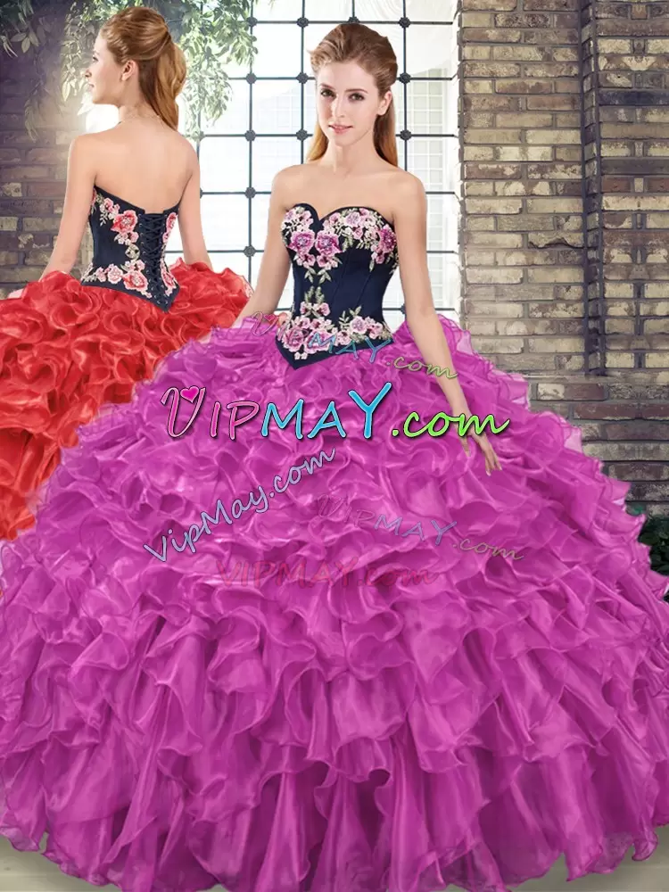 Fuchsia Ball Gowns Sweetheart Sleeveless Organza Lace Up Embroidery and Ruffles Ball Gown Prom Dress
