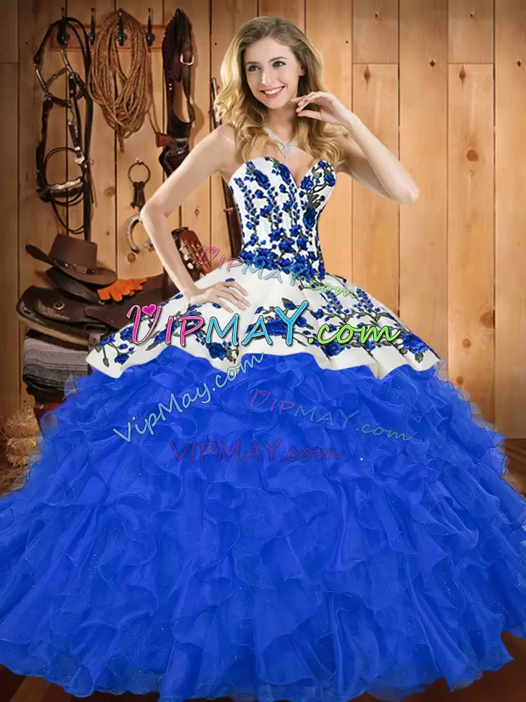 Simple Satin and Organza Sweetheart Sleeveless Lace Up Embroidery and Ruffles Sweet 16 Dresses in Blue