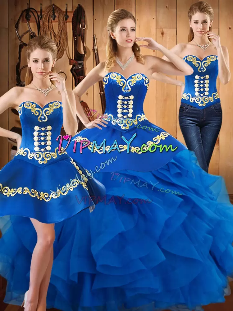 Cute Blue Sleeveless Floor Length Embroidery and Ruffles Lace Up Quinceanera Gown Sweetheart