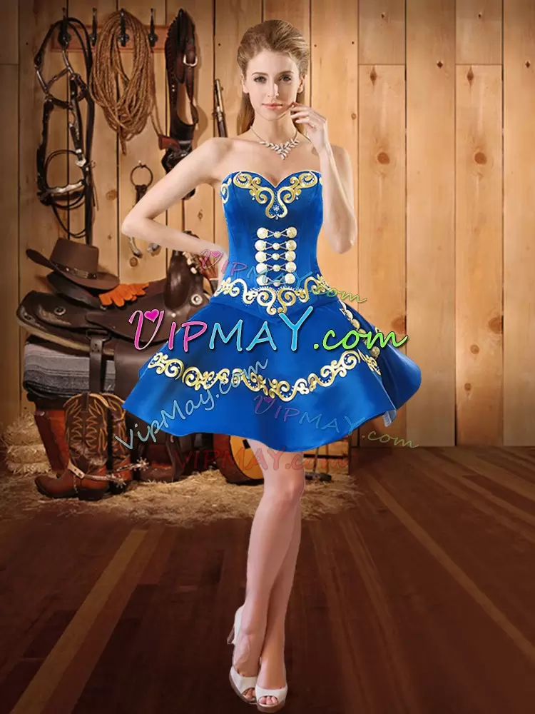 Cute Blue Sleeveless Floor Length Embroidery and Ruffles Lace Up Quinceanera Gown Sweetheart