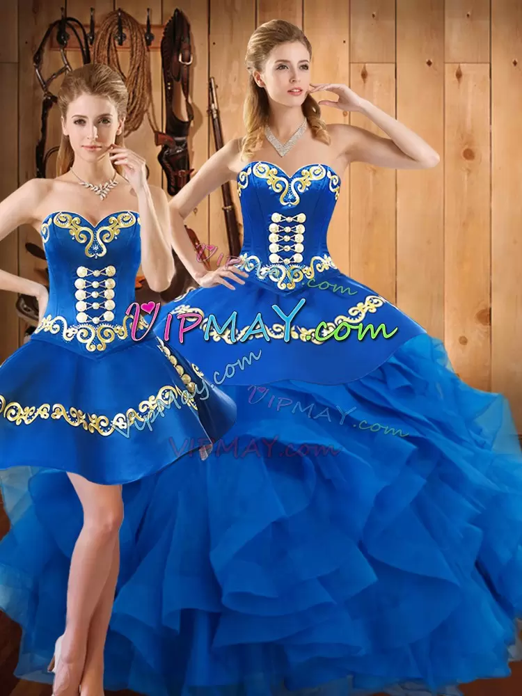 Cute Blue Sleeveless Floor Length Embroidery and Ruffles Lace Up Quinceanera Gown Sweetheart