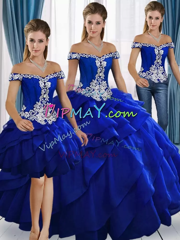 Luxury Royal Blue Organza Lace Up Ball Gown Prom Dress Sleeveless Floor Length Appliques