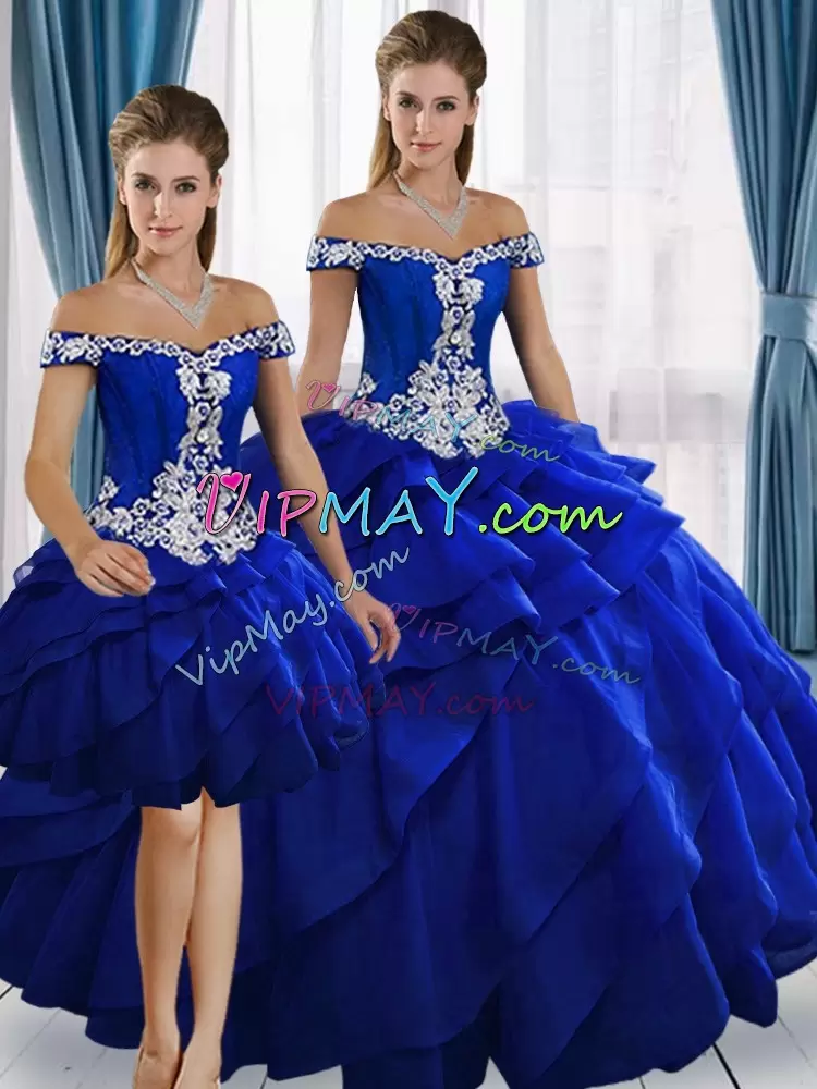 Luxury Royal Blue Organza Lace Up Ball Gown Prom Dress Sleeveless Floor Length Appliques