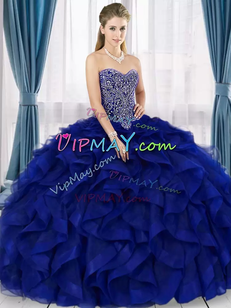 Glamorous Royal Blue Ball Gowns Tulle Sweetheart Sleeveless Beading and Ruffles Floor Length Lace Up Quinceanera Gowns