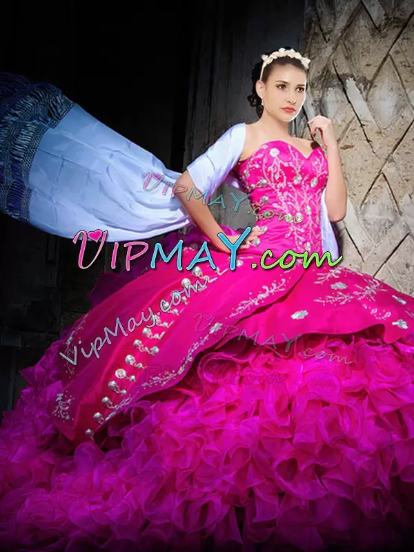 Custom Designed Fuchsia Sleeveless Embroidery and Ruffles Lace Up Quinceanera Dress Sweetheart