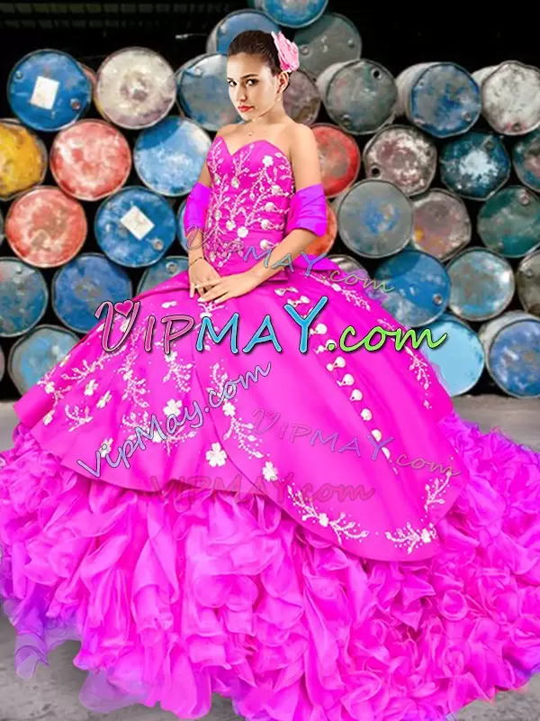 Custom Designed Fuchsia Sleeveless Embroidery and Ruffles Lace Up Quinceanera Dress Sweetheart