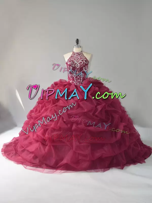 Burgundy Ball Gowns Halter Top Sleeveless Organza Court Train Lace Up Beading and Pick Ups Sweet 16 Dresses