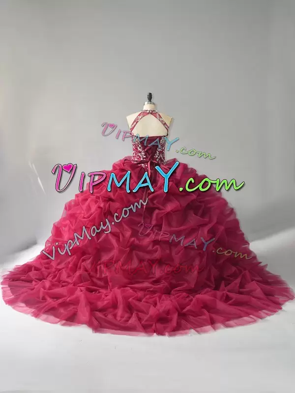 Burgundy Ball Gowns Halter Top Sleeveless Organza Court Train Lace Up Beading and Pick Ups Sweet 16 Dresses