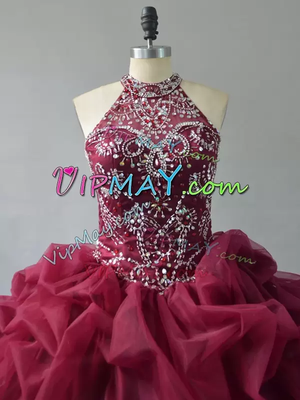 Burgundy Ball Gowns Halter Top Sleeveless Organza Court Train Lace Up Beading and Pick Ups Sweet 16 Dresses