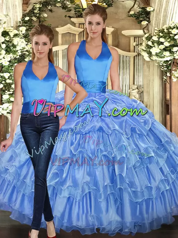 Sleeveless Organza Floor Length Lace Up Sweet 16 Quinceanera Dress in Baby Blue with Ruffles and Pick Ups