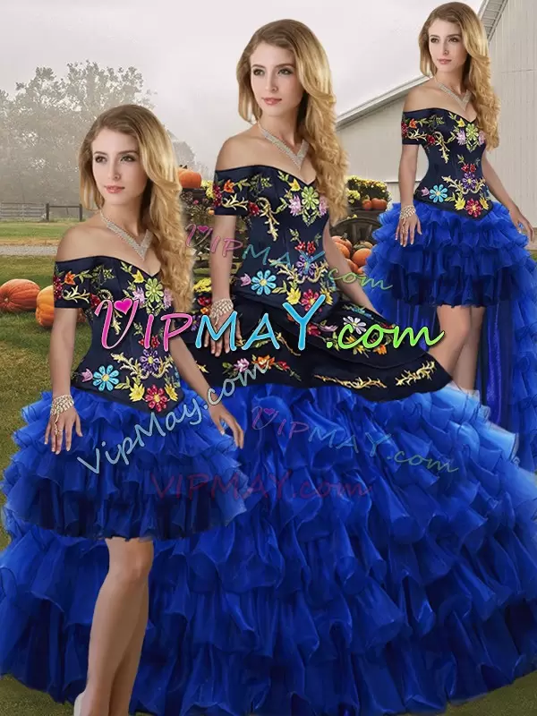 Blue And Black Sleeveless Floor Length Embroidery and Ruffled Layers Lace Up Sweet 16 Quinceanera Dress Off The Shoulder