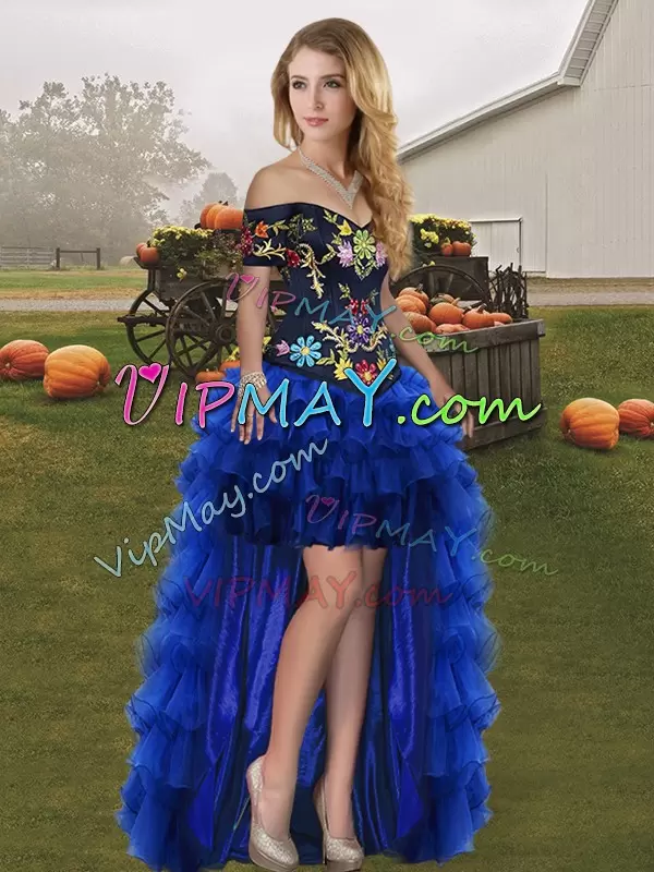 Blue And Black Sleeveless Floor Length Embroidery and Ruffled Layers Lace Up Sweet 16 Quinceanera Dress Off The Shoulder