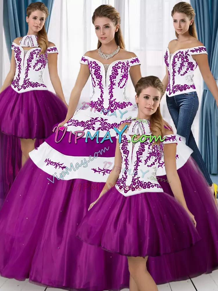 Beauteous White And Purple Ball Gown Prom Dress Military Ball and Sweet 16 and Quinceanera with Embroidery Off The Shoulder Sleeveless Lace Up