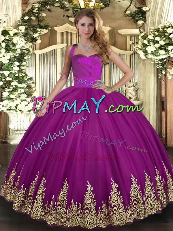Shining Fuchsia Tulle Lace Up 15th Birthday Dress Sleeveless Floor Length Embroidery