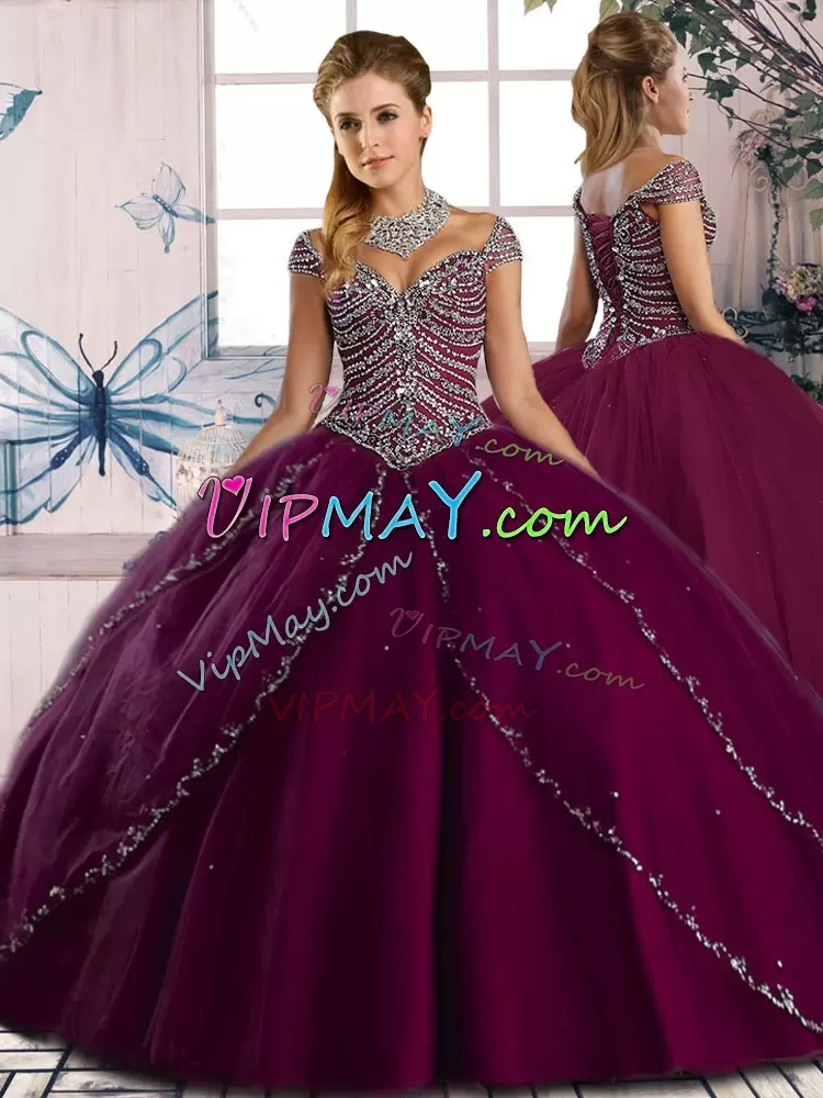 Attractive Tulle Sweetheart Cap Sleeves Brush Train Lace Up Beading Quinceanera Gown in Purple