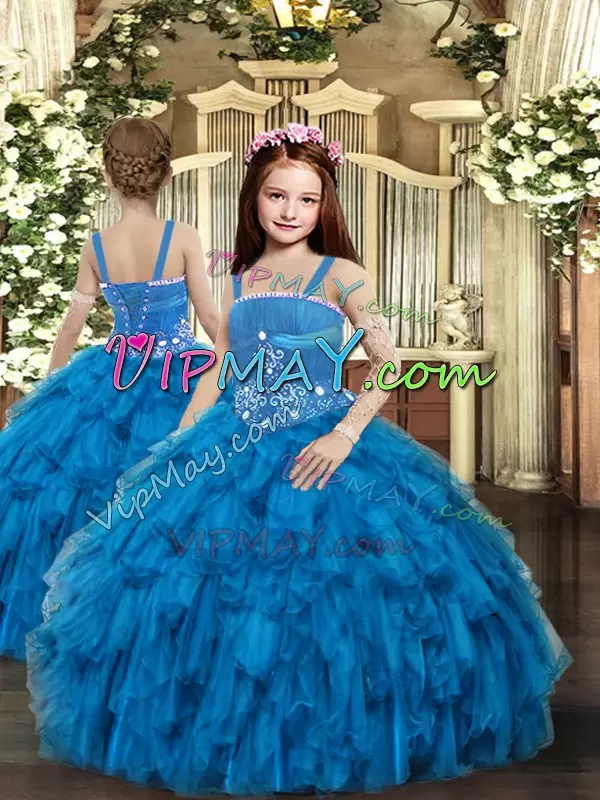 Wonderful Blue Sleeveless Floor Length Beading and Ruffles Lace Up Quinceanera Gowns Strapless