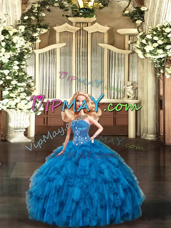 Wonderful Blue Sleeveless Floor Length Beading and Ruffles Lace Up Quinceanera Gowns Strapless