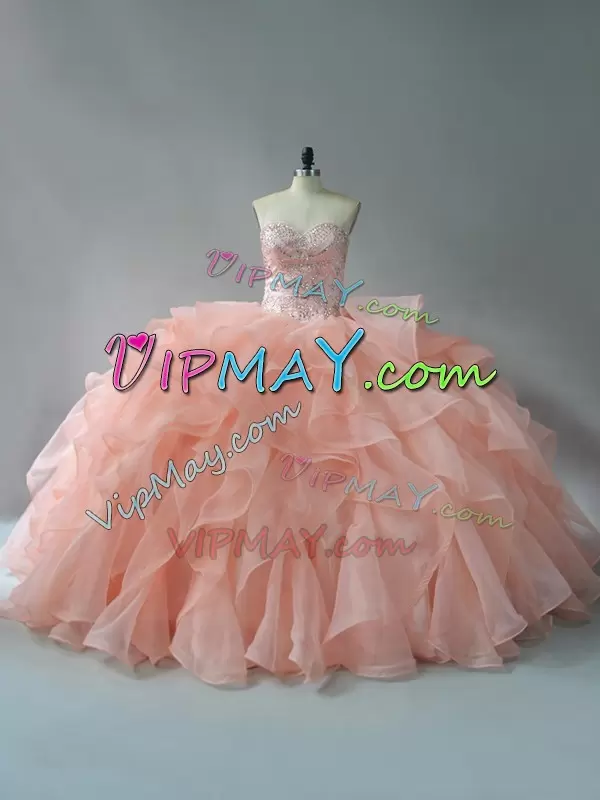 Peach Sweetheart Lace Up Beading and Ruffles Sweet 16 Dress Brush Train Sleeveless