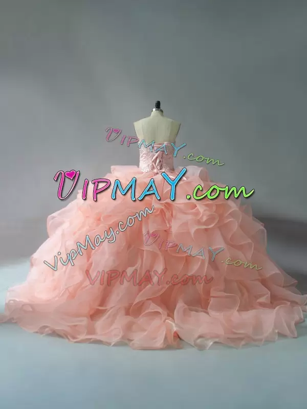 Peach Sweetheart Lace Up Beading and Ruffles Sweet 16 Dress Brush Train Sleeveless