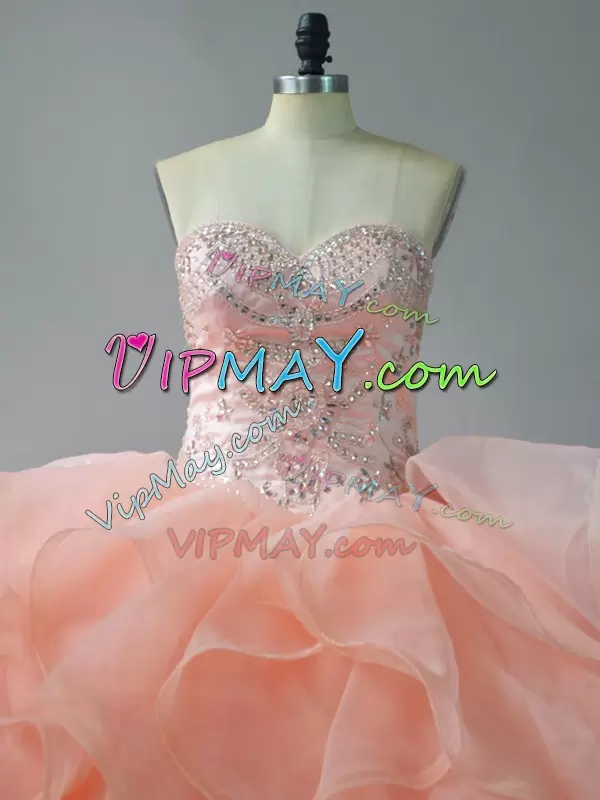 Peach Sweetheart Lace Up Beading and Ruffles Sweet 16 Dress Brush Train Sleeveless