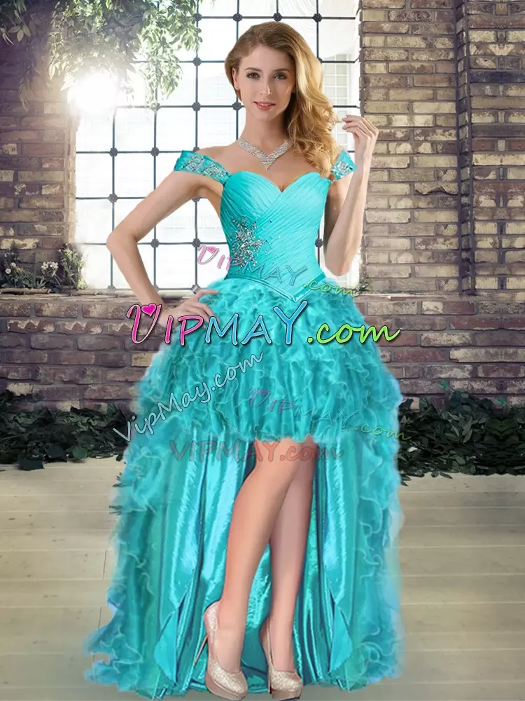 Chic Aqua Blue Organza Lace Up Off The Shoulder Sleeveless Quinceanera Gowns Brush Train Beading and Ruffles
