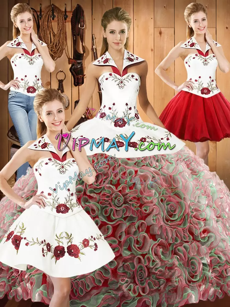 Affordable Multi-color Sleeveless Fabric With Rolling Flowers Sweep Train Lace Up Quinceanera Dress for Military Ball and Sweet 16 and Quinceanera