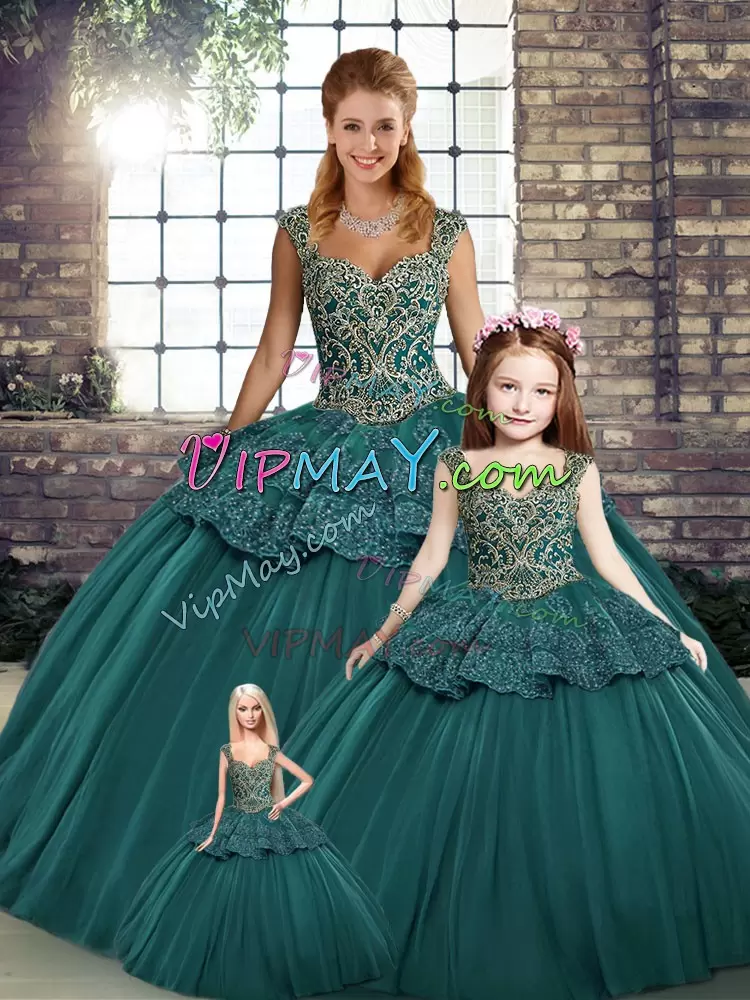 Artistic Green Tulle Lace Up Sweet 16 Dress Sleeveless Floor Length Beading and Appliques