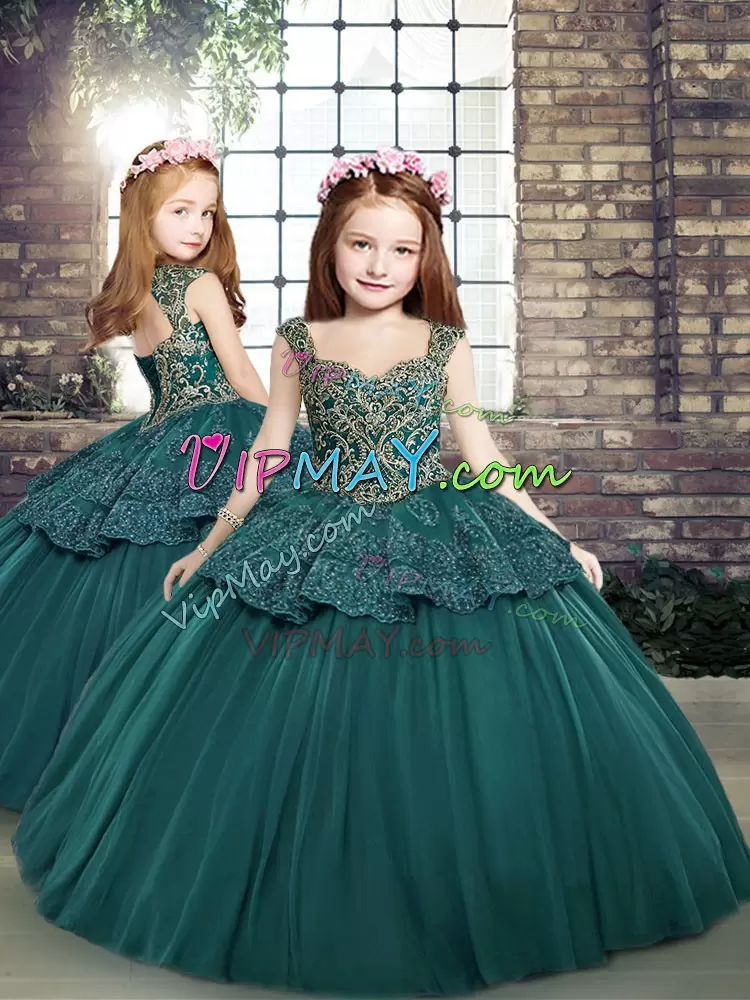 Artistic Green Tulle Lace Up Sweet 16 Dress Sleeveless Floor Length Beading and Appliques