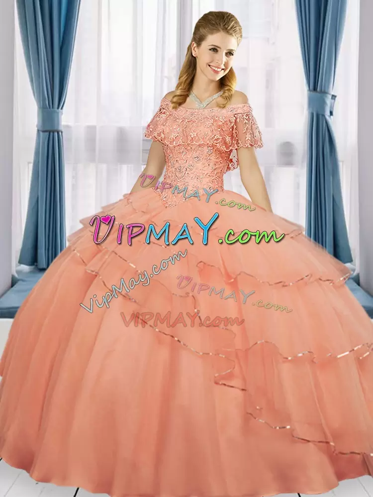 Eye-catching Peach Short Sleeves Floor Length Beading and Ruffled Layers Lace Up Ball Gown Prom Dress Off The Shoulder