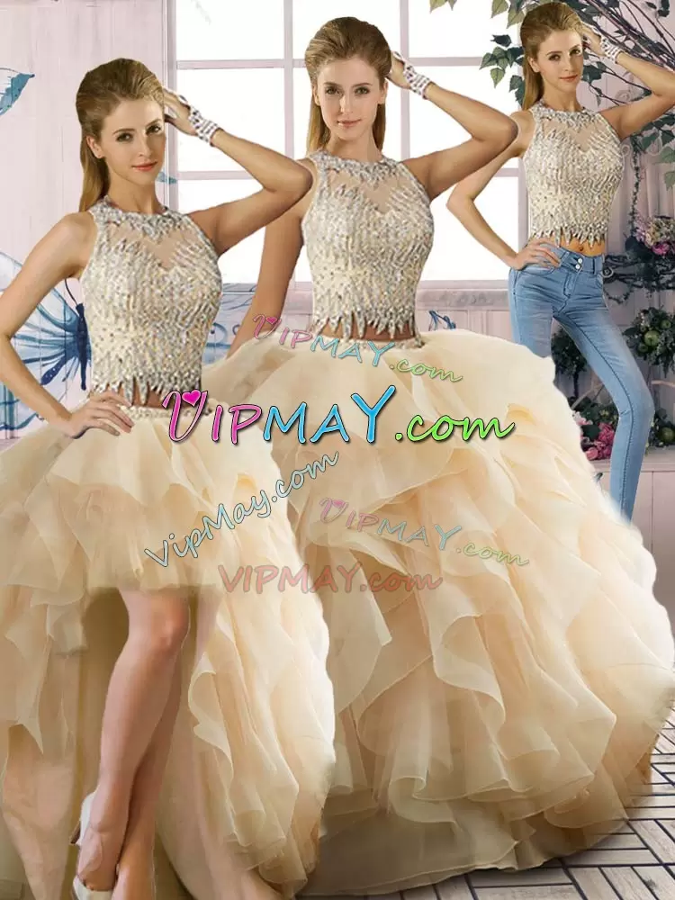 Deluxe Champagne Organza Zipper Sweet 16 Dress Sleeveless Floor Length Beading and Ruffles