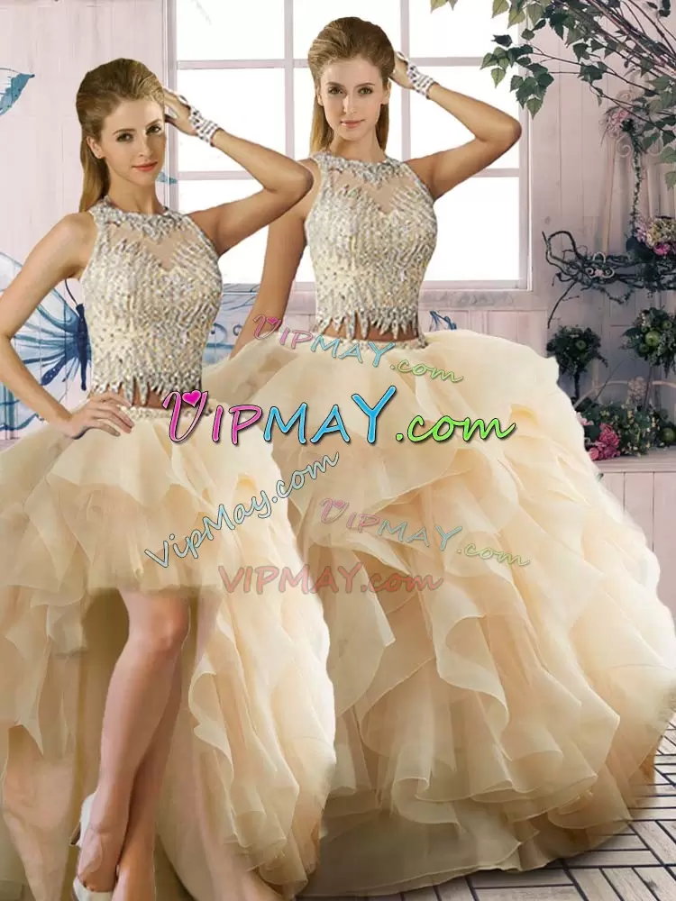 Deluxe Champagne Organza Zipper Sweet 16 Dress Sleeveless Floor Length Beading and Ruffles