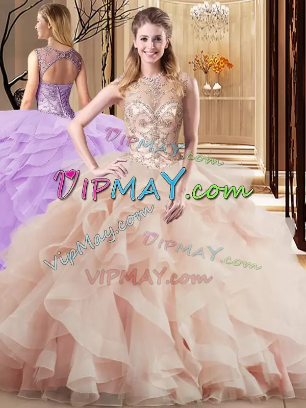 Low Price Peach Tulle Lace Up Sweet 16 Quinceanera Dress Sleeveless Brush Train Beading and Ruffles