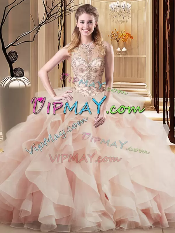 Low Price Peach Tulle Lace Up Sweet 16 Quinceanera Dress Sleeveless Brush Train Beading and Ruffles