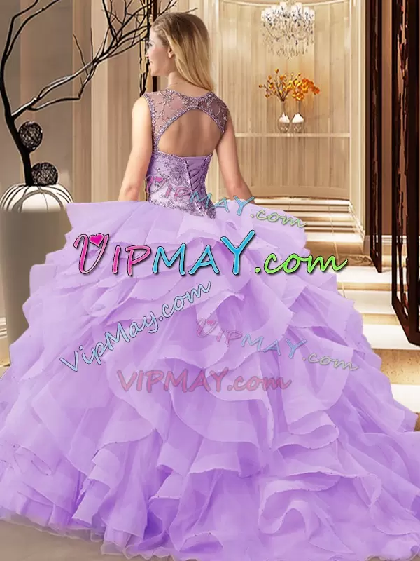 Low Price Peach Tulle Lace Up Sweet 16 Quinceanera Dress Sleeveless Brush Train Beading and Ruffles