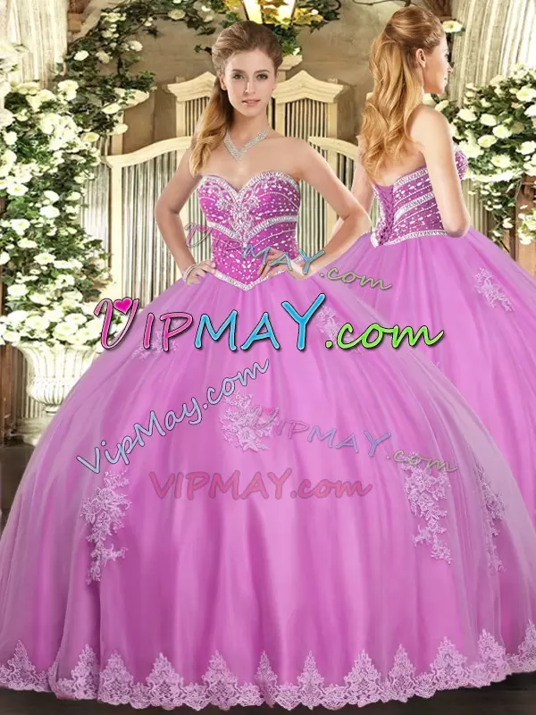 Rose Pink Sweetheart Neckline Beading and Appliques Quinceanera Dress Sleeveless Lace Up