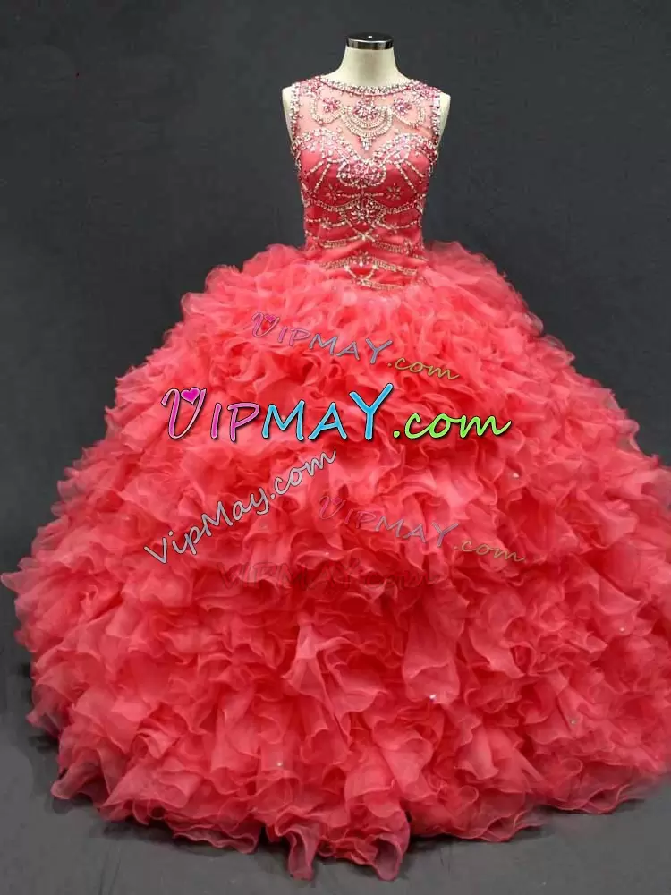 Coral Red Sleeveless Organza Lace Up Quinceanera Gown for Sweet 16 and Quinceanera