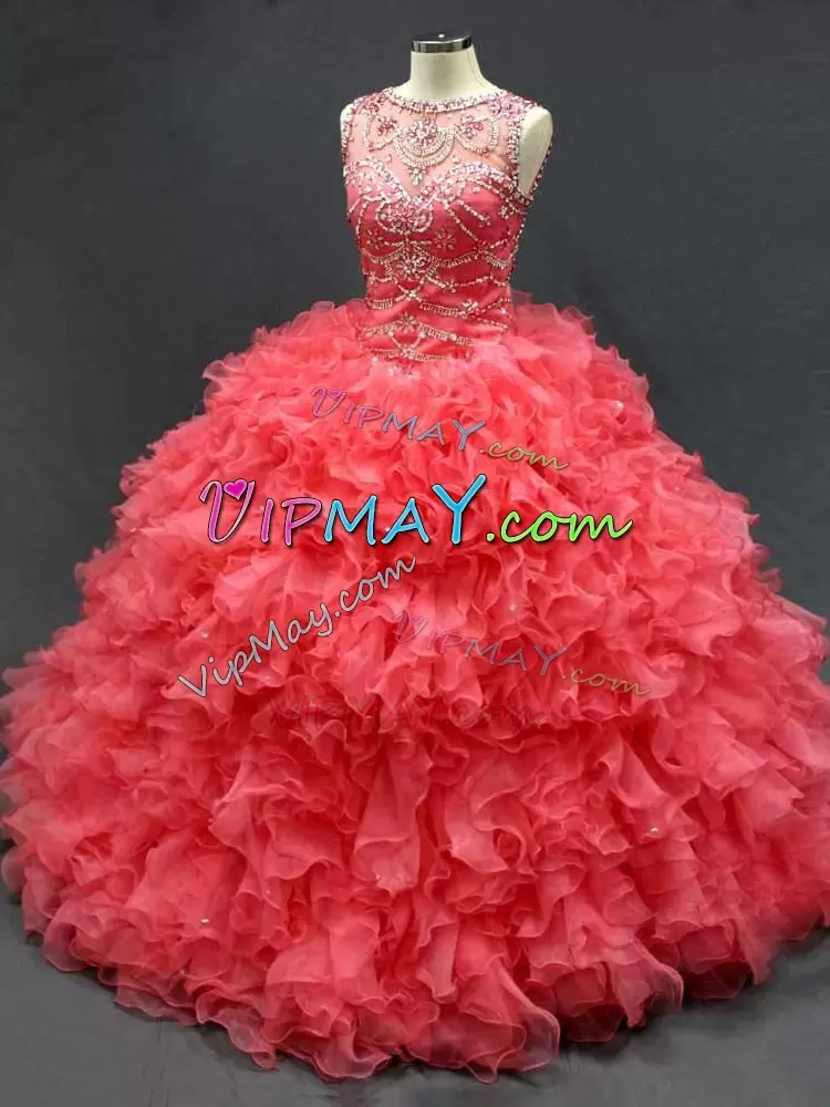 Coral Red Sleeveless Organza Lace Up Quinceanera Gown for Sweet 16 and Quinceanera