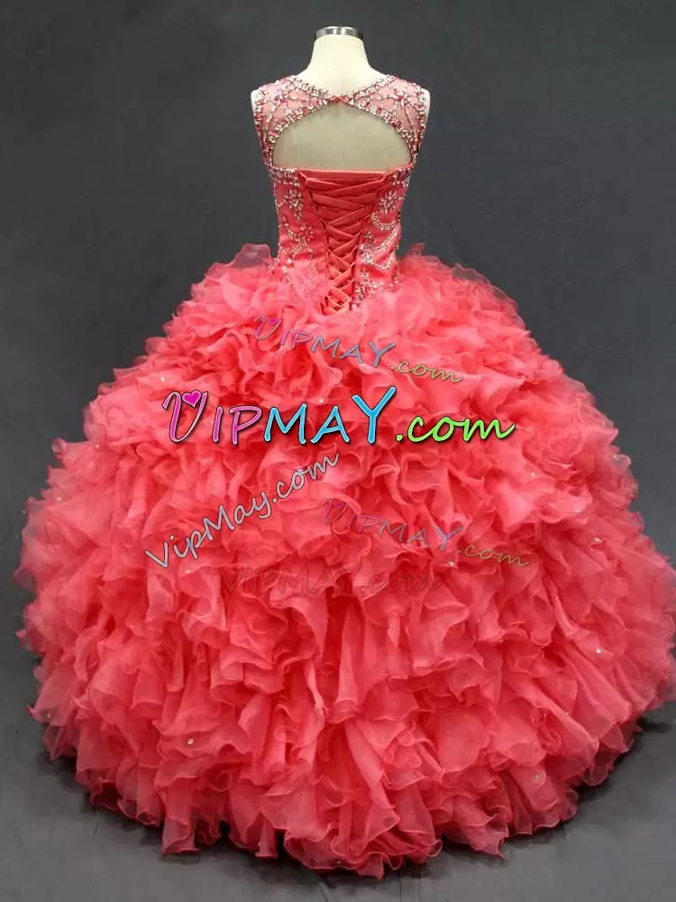 Coral Red Sleeveless Organza Lace Up Quinceanera Gown for Sweet 16 and Quinceanera