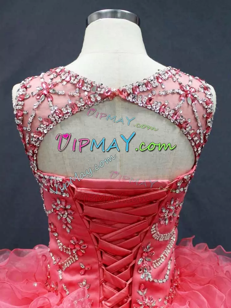 Coral Red Sleeveless Organza Lace Up Quinceanera Gown for Sweet 16 and Quinceanera