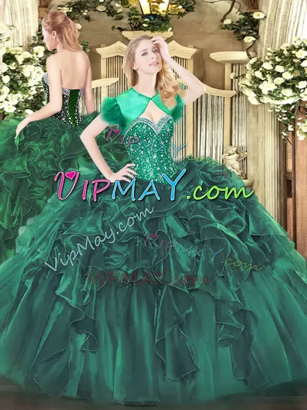 Beautiful Dark Green Sleeveless Beading and Ruffles Floor Length 15 Quinceanera Dress