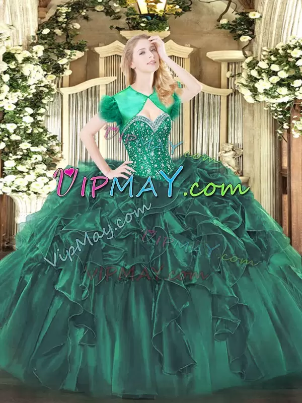 Beautiful Dark Green Sleeveless Beading and Ruffles Floor Length 15 Quinceanera Dress